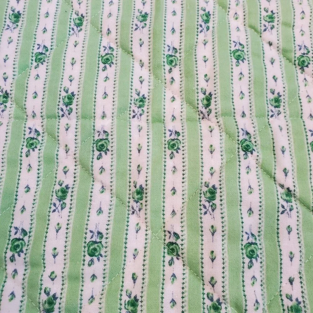 Vintage 70s Patchwork Green Retro Baby Blanket Quilt Crib Comforter Floral 35x53